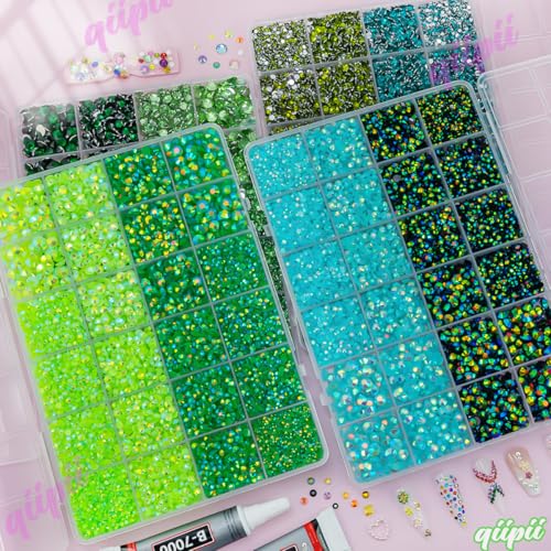 qiipii 8 Color 2-6mm Green Jelly Resin Rhinestones w B7000 Jewelry Glue for Bedazzling Crafting Flatback Stones Gems Diamonds for Nails Face Eyes Makeup Tumblers Bottles DIY Crafts Clothes Shoes Phone - color: Light / Dark / Peacock Green Series Rhineston