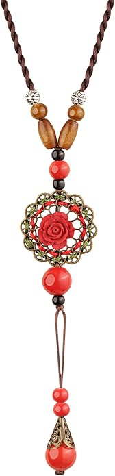 MINACHI Vintage Bohemian Colorful Ceramic Bead Antique Flower Y Necklace, Vintage Boho Hippie Statement Jewelry Gift for Women