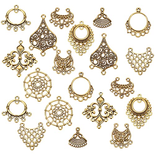SUNNYCLUE 1 Box 10 Styles Chandelier Connector Charms Component Links Alloy Hollow Filigree Pendants Flat Round Teardrop Triangle Shape for Jewelry Making Earring Supplies,Antique Gold - color: 40pcs 10 Styles Antique Golden