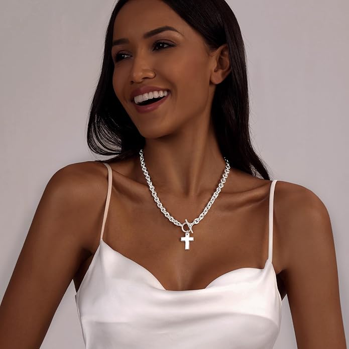 Zeffy 14K Gold/Silver Plated Chunky Thick Chain Toggle Clasp Necklace Dainty Baroque Pearl/Heart/Cross/Turquoise Pendant Necklace