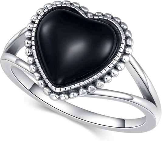 925 Sterling Silver Oxidized Black Onyx Rings for Women - Round & Heart 9mm Onyx Vintage Retro Design, Ideal for Daily Wear