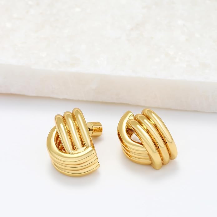 EVEYE Trendy 18k Gold Plated Knot Earrings for Women Drop Dangle Statement Earrings Chunky Knot Link Circle Statement Drop Dangle Earrings Studs Textured Metal Stud Hypoallergenic Jewelry Gifts