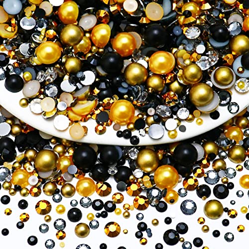 60g Mix Flatback Pearls and Rhinestone, 2mm-10mm Mix Rhinestones and Pearls for Crafts Tumblers Shoes Nails Face Art, with Picker Pen, Black|Gold|Yellow - color: Brown Sugar Blend | Mix Black | Gold | Yellow
