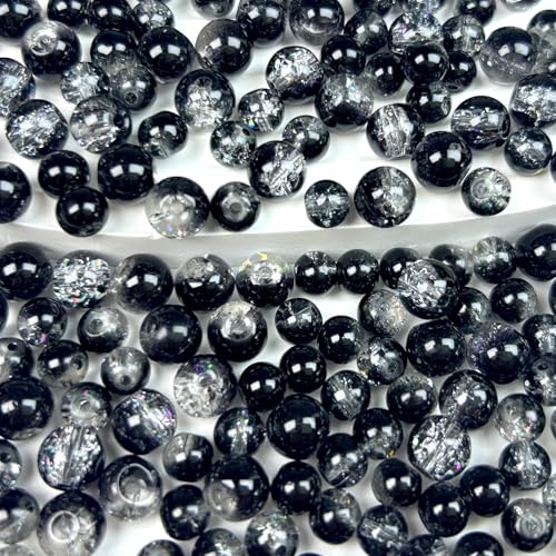 300pcs Crackle Glass Beads, 6mm and 8mm Black Crystal Glass Beads Round Loose Spacer Bulk Beads for DIY Craft Earring Necklace Bracelet Jewelry - color: Black