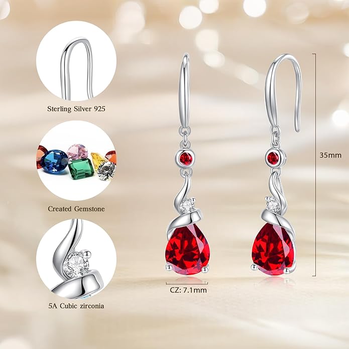 FANCIME Women Drop Earrings 925 Sterling Silver with Pear Gemstone Dangle Birthstone Earring Fine Jewelry Birthday Gifts for Women