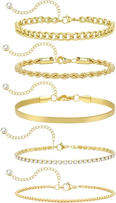 Emibele Gold Bracelets for Women, Dainty Adjustable 14K Gold Plated Bracelet Stack, Elegant Beaded Link Chain Bracelet Sets, Jewelry Gifts for Women
