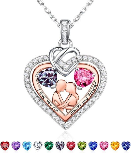 Iefil Valentines Day Gifts for Her - 925 Sterling Silver Double Heart Birthstone Necklace for Women, Anniversary Birthday Gifts for Wife I Love You Gift Couple Sitting Hugging Each Other Jewelry Gift