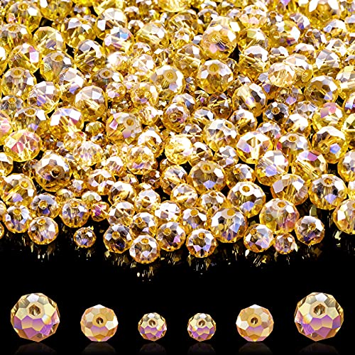 WILLBOND 600 Pcs Crystal Glass Beads for Jewelry Making Bulk Suncatcher Faceted Rondelle Loose Gemstone for Valentine's Day, Irish Holiday, Easter Bracelet DIY Crafts 8mm, 6mm, 4mm(Champagne Gold) - color: Champagne Gold