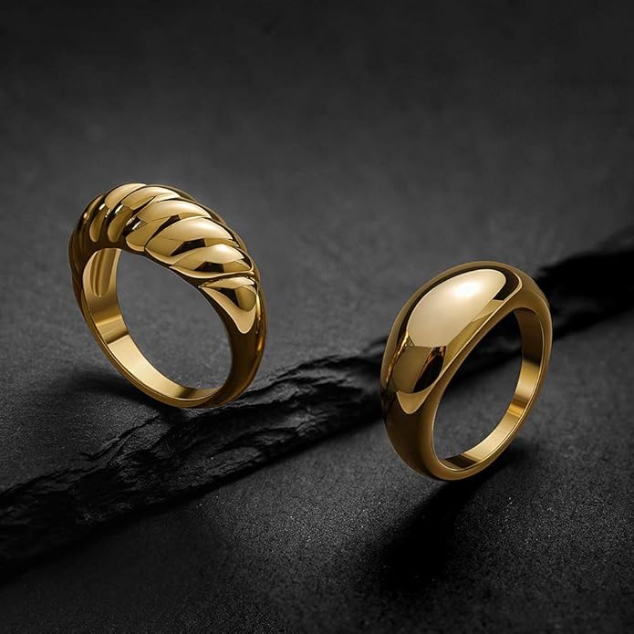 JINEAR 18k Gold Filled Chunky Rings for Women Croissant Dome Statement Ring Trendy Twisted Braided Band Stacking Star Rings Jewelry Gifts