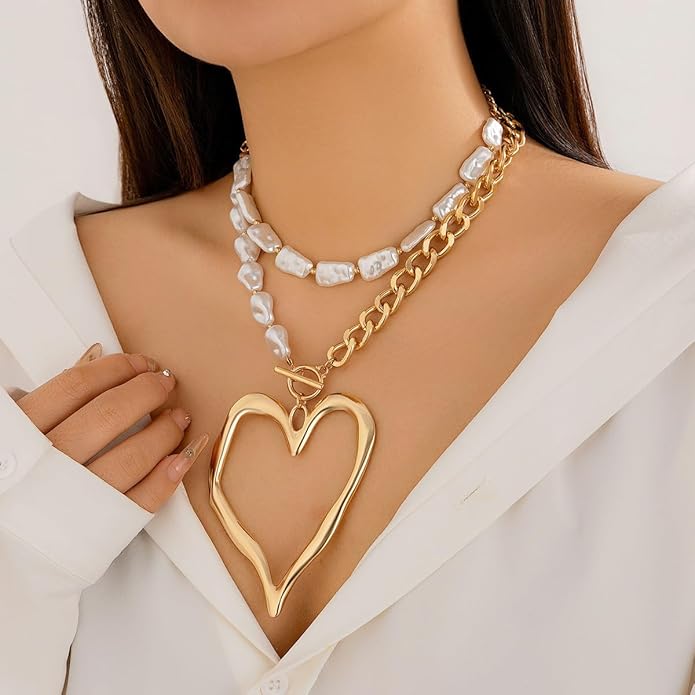 Y2k Large Heart Necklaces for Women Chunky Big Heart Pendant Necklace Exaggerated Layered Love Pearl Choker Necklace Set Dainty Statement Jewelry Gift