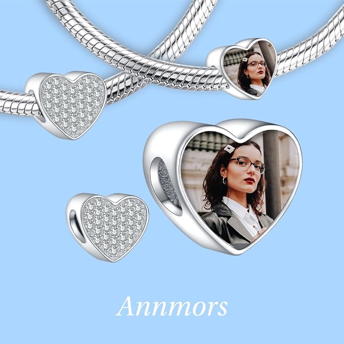 Annmors Personalized Photo Charm for Bracelet Necklaces,925 Sterling Silver Charm Love Heart Shaped Engraved Customize Picture Gift for Birthday Mother's Day Christmas,Bead Charms Jewelry for Women
