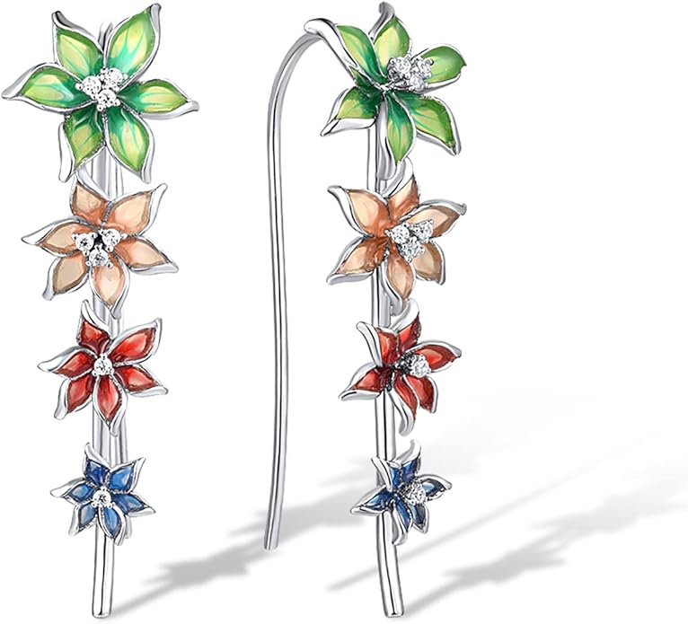 Santuzza 925 Sterling Silver Enamel Flower Ear Cuffs Climber Earrings for Women