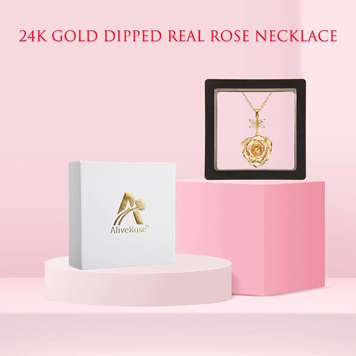 AliveRose Real Rose Gold Dipped Necklace Gifts for Women, 24K Gold Dipped Rose Pendant Necklace Jewelry Mothers Day Anniversaries Birthday Christmas Special Occasions Gifts for Her Mom Wife