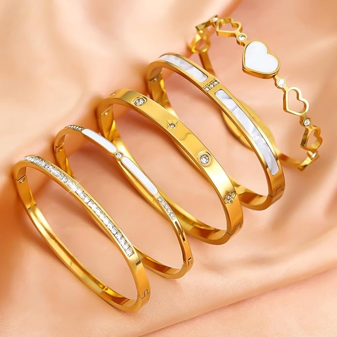 ZhiRui Women's 18K Gold Plated Stackable Bracelet Set - Waterproof Mother of Pearl Heart Cubic Zirconia Jewelry Gifts for Women