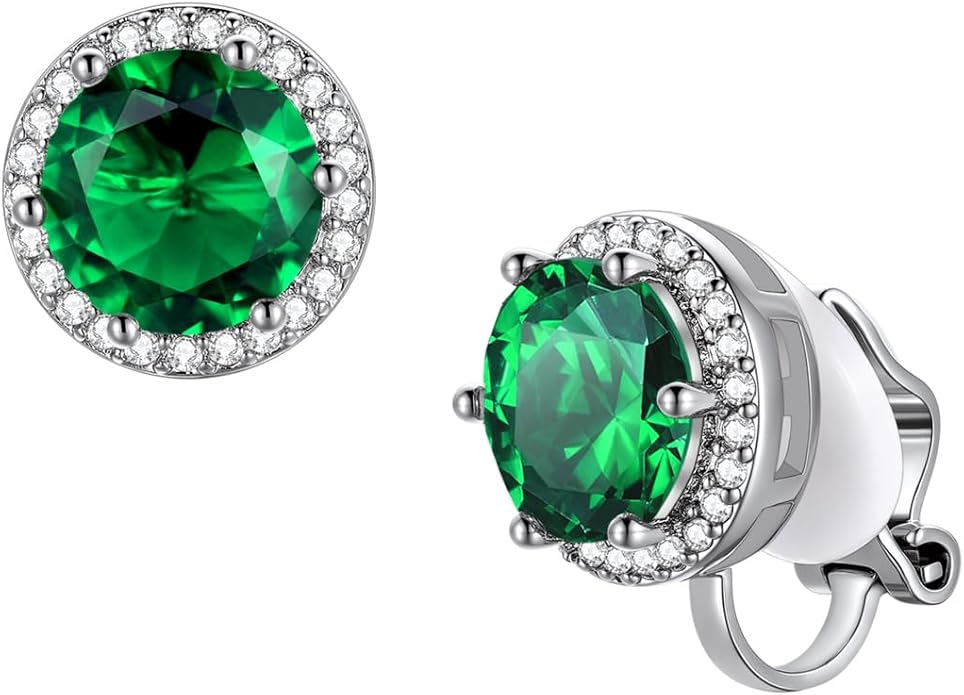 FindChic Sparkling Birthstone Clip On Earrings for Women, Silver Plated Stud Earrings 8MM Cubic Zirconia Non Pierced Studs, 12 Months Birthday Jewelry Gift