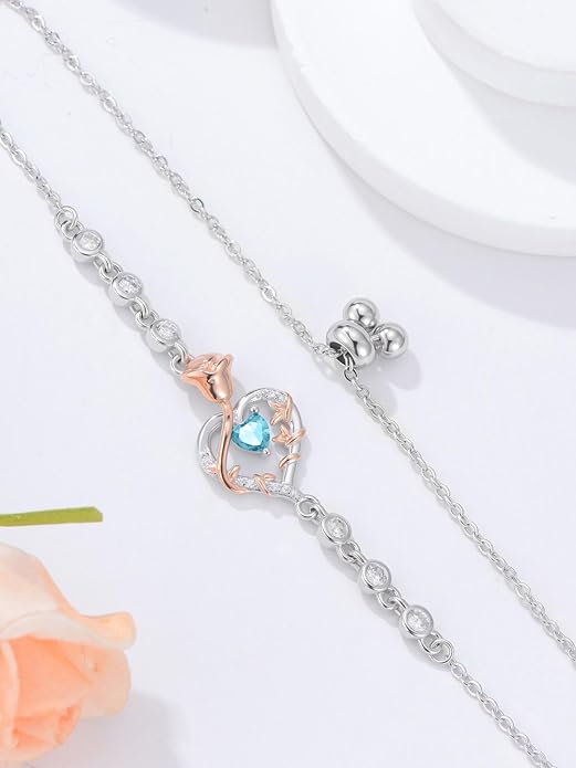 Birthstone Charm Link Bracelet 925 Sterling Silver Rose/Heart/Mom Bracelet with 12 Months Birthstone Mother's Day Gift Jewelry Gifts for Women,Chain Length 7"+2" Extend