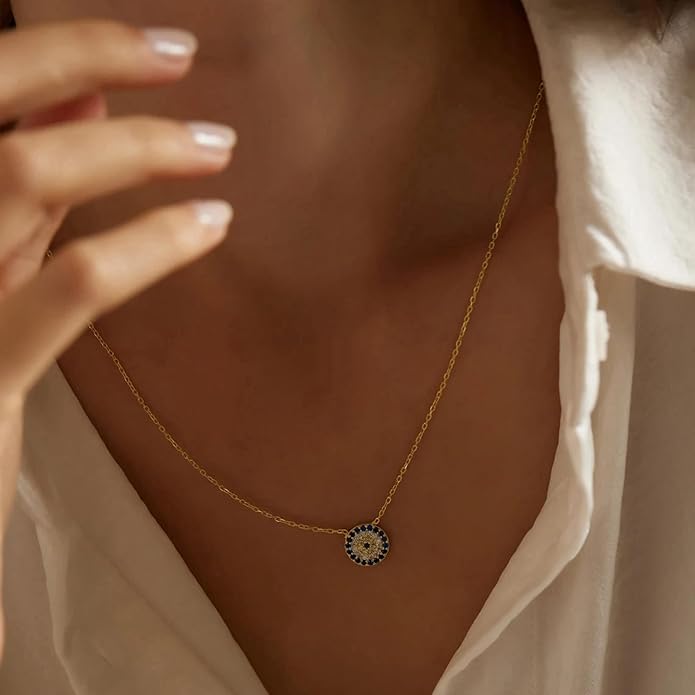 Evil Eye Necklace for Women 14K Gold Plated Delicate Necklaces Blue White CZ Diamond Pendant Necklace Cute Boho Tiny Evil Eye Lucky Protection Jewelry Gift for Women