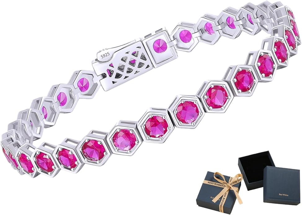 Birthstone Tennis Bracelets for Women Birthday Gifts 925 Sterling Silver Hexagon White Gold Bracelets Round Cut 5A Cubic Zirconia Prong Setting 7 Inch Anniversary Jewelry Gift
