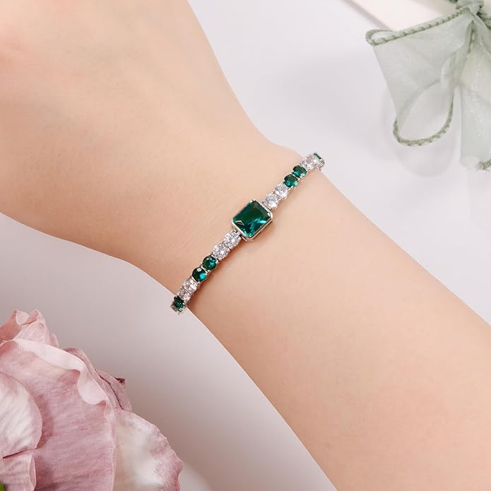 Birthstone Bracelets for Women Birthday Gifts 4CT Radiant Cut Birthstone 4mm Sterling Silver White Gold Tennis Bracelets for Women Round Cut 5A Cubic Zirconia Bezel Setting 7 Inch