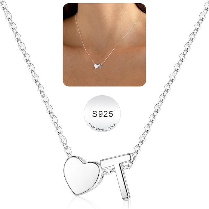 Turandoss Valentines Gifts for Her Kids Girls, Dainty S925 Sterling Silver Tiny Heart Letter A-Z Pendent Necklace Trendy Birthday Valentines Jewelry Gifts for Girls Women