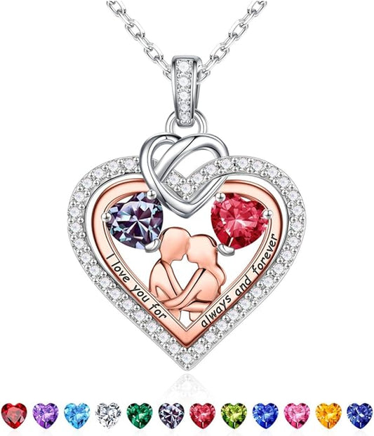 Iefil Valentines Day Gifts for Her - 925 Sterling Silver Double Heart Birthstone Necklace for Women, Anniversary Birthday Gifts for Wife I Love You Gift Couple Sitting Hugging Each Other Jewelry Gift