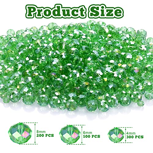 WILLBOND 600 Pcs Crystal Glass Beads for Jewelry Making Bulk Suncatcher Faceted Rondelle Loose Gemstone for Valentine's Day, Irish Holiday, Easter Bracelet DIY Crafts 8mm, 6mm, 4mm(Green) - color: Green