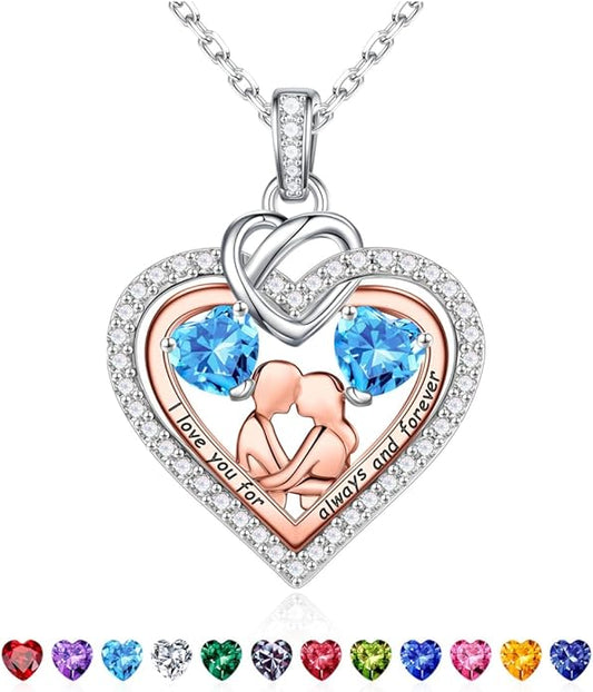 Iefil Valentines Day Gifts for Her - 925 Sterling Silver Double Heart Birthstone Necklace for Women, Anniversary Birthday Gifts for Wife I Love You Gift Couple Sitting Hugging Each Other Jewelry Gift