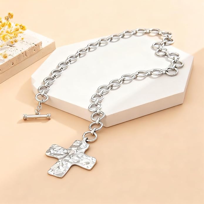 Gold Chunky Cross Pendant Necklace for Women Silver Layered Statement Wide Cross Necklace Golden Vintage Bold Hammered Crosses Charm Necklace Jewelry