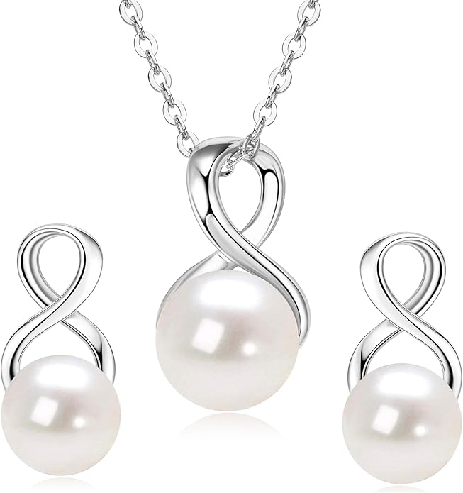 Sterling Silver Pearl Jewelry Set with Shiny Moissanite, Real Freshwater Pearl Earrings Necklace for Women, Wedding Jewelry for Brides Bridesmaid, Mother's Day