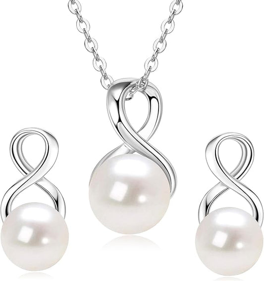 Sterling Silver Pearl Jewelry Set with Shiny Moissanite, Real Freshwater Pearl Earrings Necklace for Women, Wedding Jewelry for Brides Bridesmaid, Mother's Day