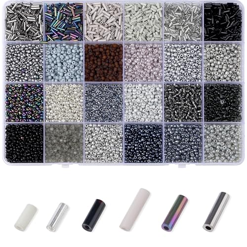 ZHIYUXI 7500Pcs Black Glass Seed Beads Kit for Jewelry Making with Bugle Tube Bead 24 Colors Waist Embroidery Beads for DIY Bracelet Necklace Making Craft Beading Kit - color: F-Black