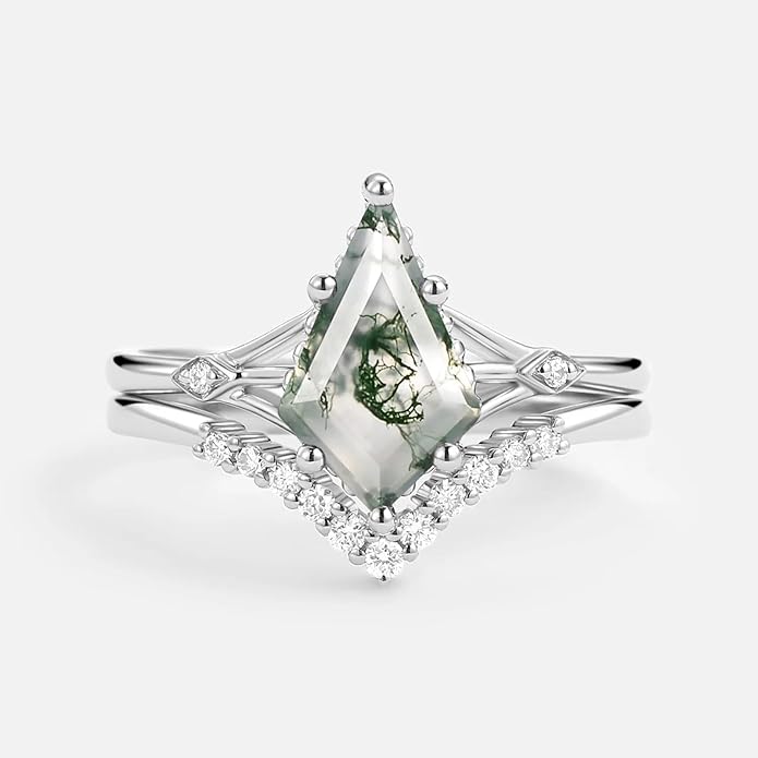 Natural Moss Agate Bridal Ring Set for Women 1CT Kite-cut Moss Agate Engagement Ring Set 925 Sterling Silver 10K 14K 18K Gold Classic Wedding Ring Set
