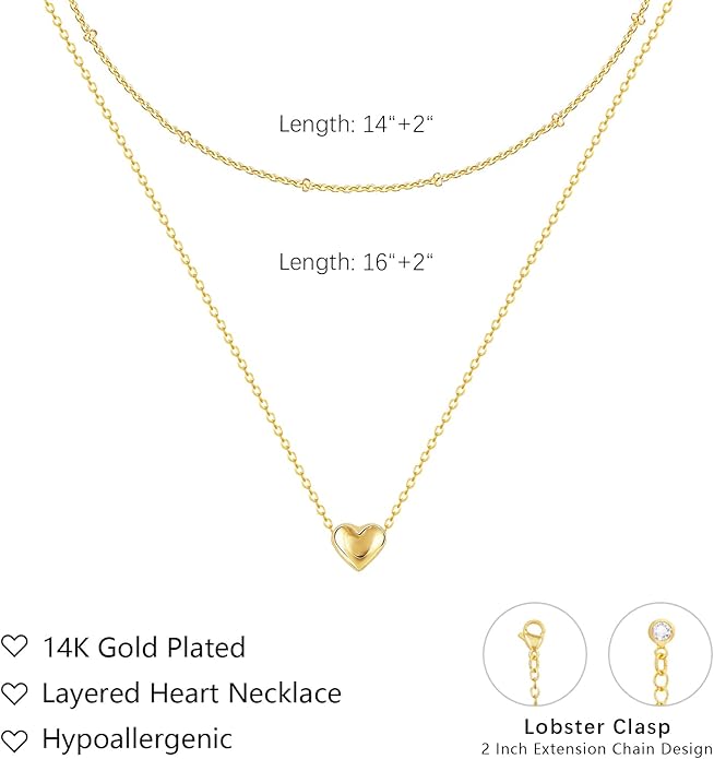 OGD Heart Necklace for Women, 14K Gold Plated Layered Tiny Puffy Heart Pendant Necklace Cute Chunky Heart Choker Necklace Simple Gold Necklace Jewelry for Women Trendy Gift