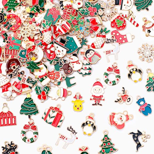 MARFOREVER 120 PCS Christmas Charms for Jewelry Making, Assorted Gold Enamel Snowman Elk Santa Xmas Tree Charm Pendants for DIY Bracelet Necklace Earrings Making Supplies Christmas Gifts - style: Christmas