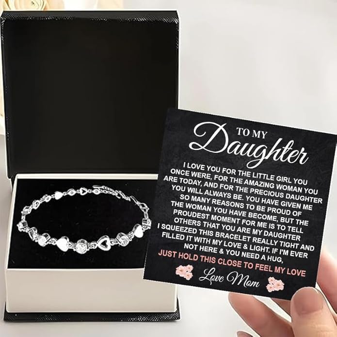 To My Daughter Bracelet, Silver Heart Chain Bracelet with Shiny Stones, Perfect Birthday or Graduation Christmas Gift for Daughter with Message Card Gift Box