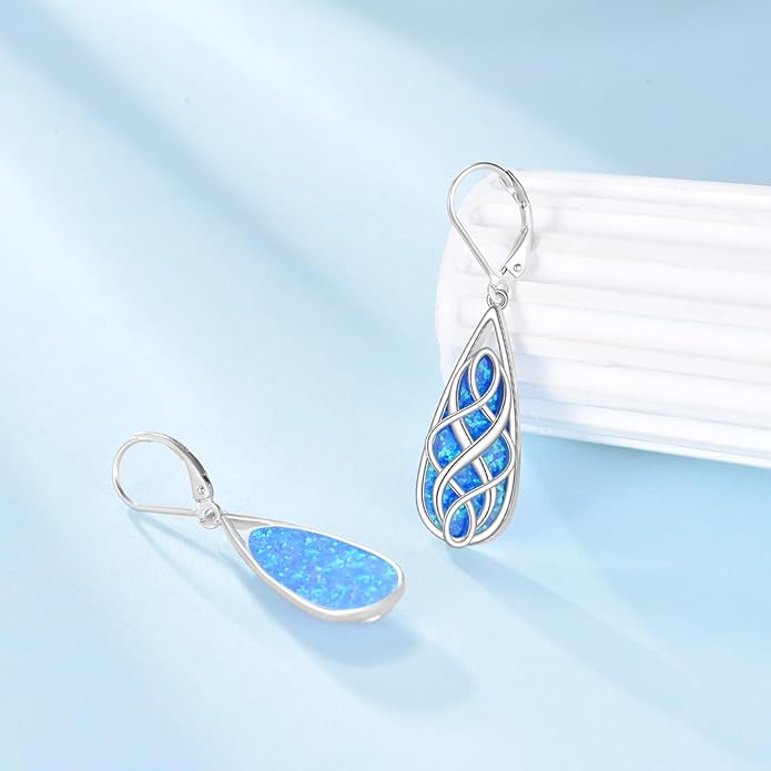 VONALA White Opal Celtic Knot Dangle Drop Earrings for Women 925 Sterling Silver Boho Chic Jewelry Gift for Women