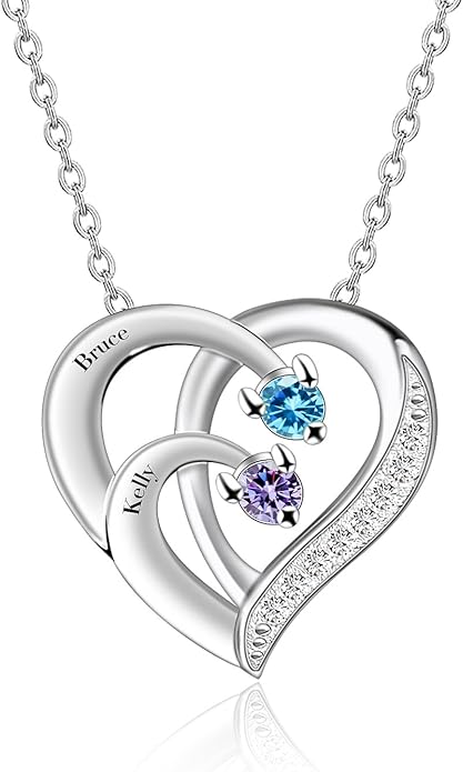 MissNaNa Sterling Silver Personalized 2 Names Heart Necklace with 2 Birthstone Couple I Love You Heart Pendant Necklace Jewelry Gift for Her Wife Girlfriend Mom