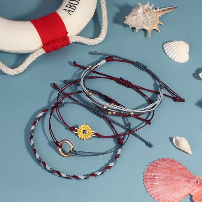 FANCY SHINY Sunflower String Bracelet Boho Braided Rope Wrap Bracelets Cute Summer Beach Surfer Jewelry for Women
