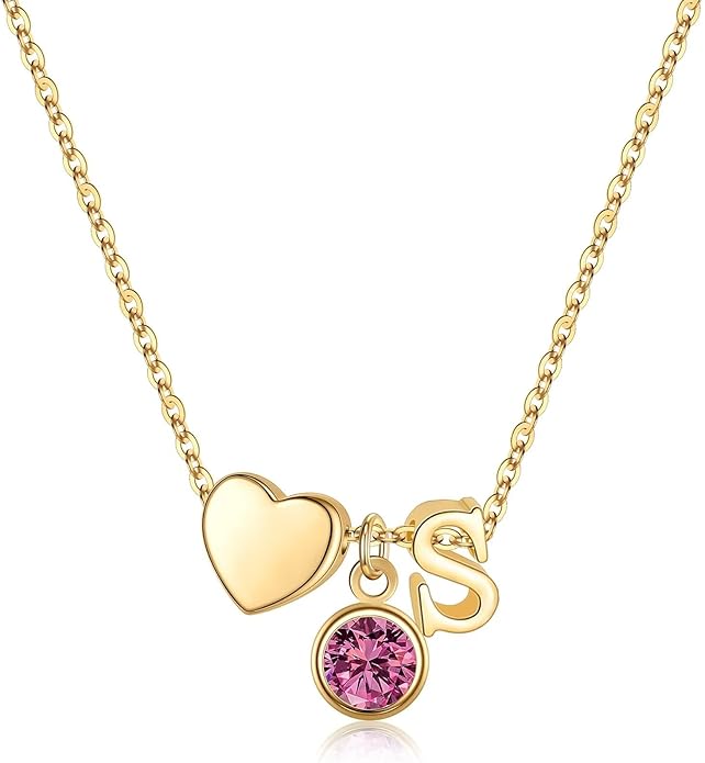 Ursilver Initial Birthstone Necklace for Women - Heart Initial Birthstone Pendant Necklace Personalized Gifts Birthday Gifts for Women