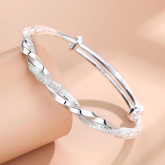 Solid 925 Sterling Silver Bracelets for Women Simple Adjustable Bangle Bracelet