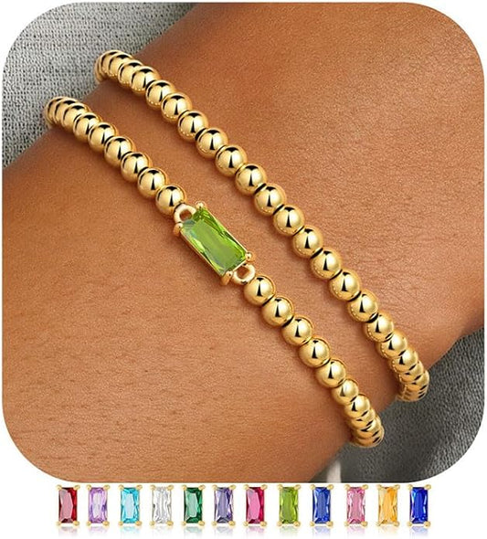 Ursteel Valentines Gifts for Her Kids Girls, Elastic Birthstone Bracelet for Women 14K-Gold-Plated Beaded Bracelet Non Tarnish Trendy Birthstone Jewelry Birthday Gifts for Women