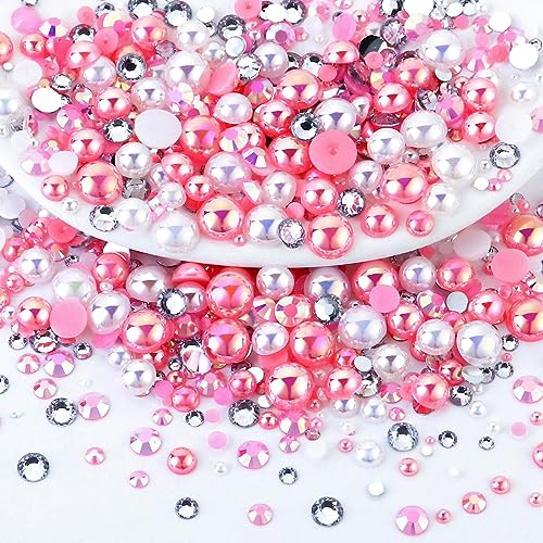 60g Mix Flatback Pearls and Rhinestones for Crafts, 2mm-10mm for Tumblers, Shoes, Nails, Face Art, Bedazzling Half Gems, Dark Pinks|White - color: Pink Bubble Gum Blend | Mix Dark Pinks | White