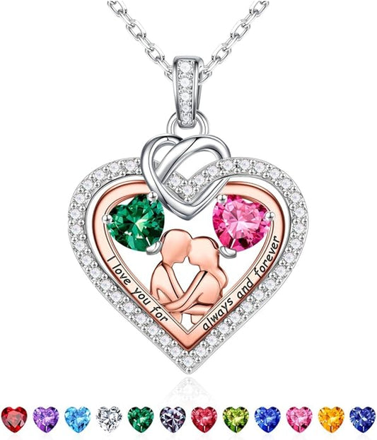 Iefil Valentines Day Gifts for Her - 925 Sterling Silver Double Heart Birthstone Necklace for Women, Anniversary Birthday Gifts for Wife I Love You Gift Couple Sitting Hugging Each Other Jewelry Gift