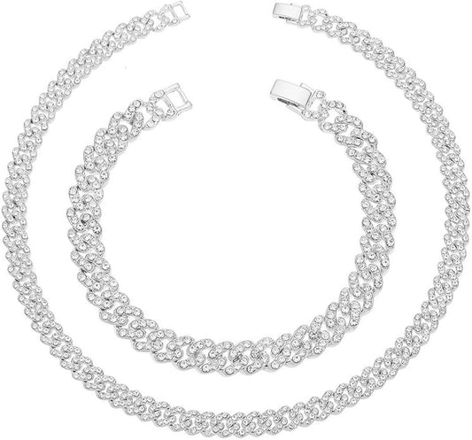 HH BLING EMPIRE 14k Gold/Silver Cuban Link Chain for Women Iced Out Diamond Chunky Cuban Link Necklace Chain Bracelet 2pcs Sets
