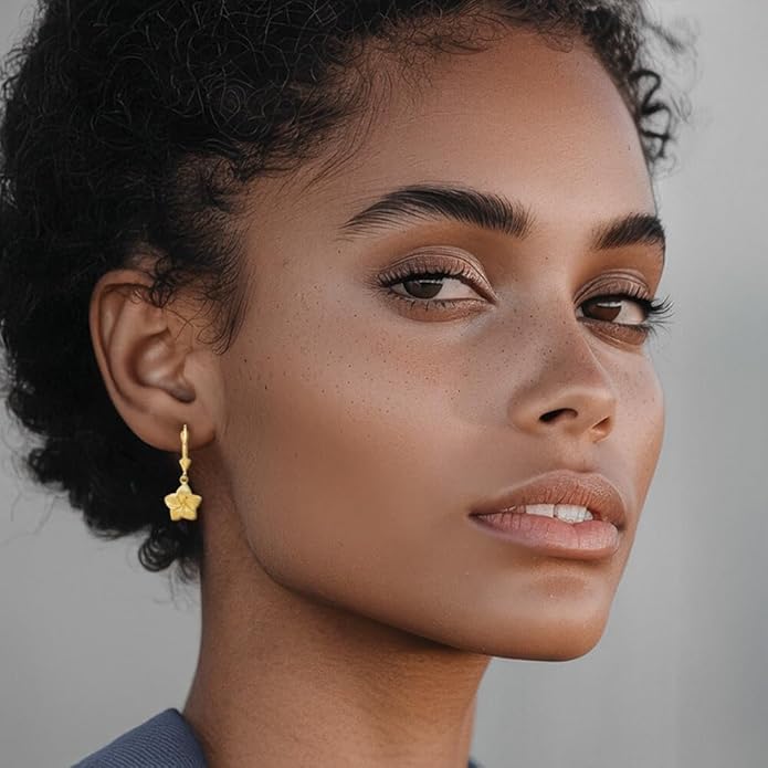 14K Yellow Gold Plumeria Drop Dangle Earrings for Women Flower Motif Lever Back Solid Small Fine Jewelry Gift Floral Nature
