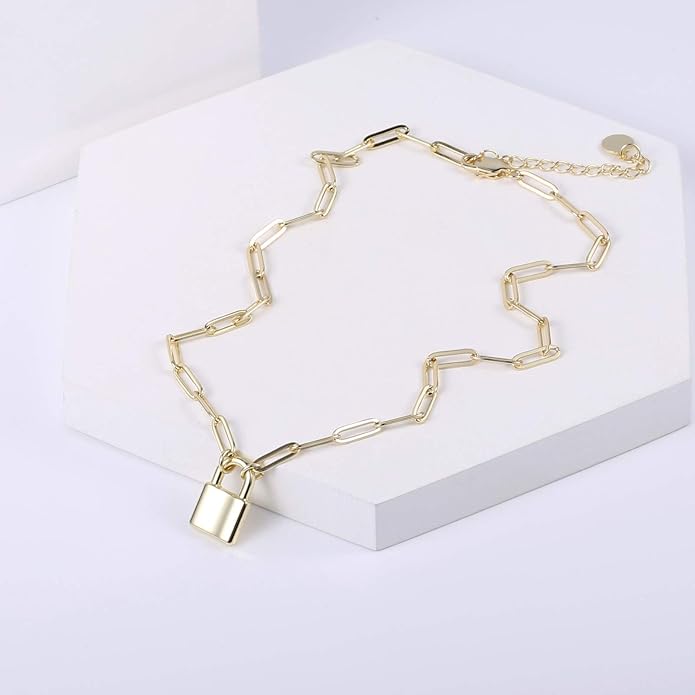 BOUTIQUELOVIN 14K Gold Plated Lock Necklace for Women Paperclip Link Chain Padlock Necklace Non-Tarnish