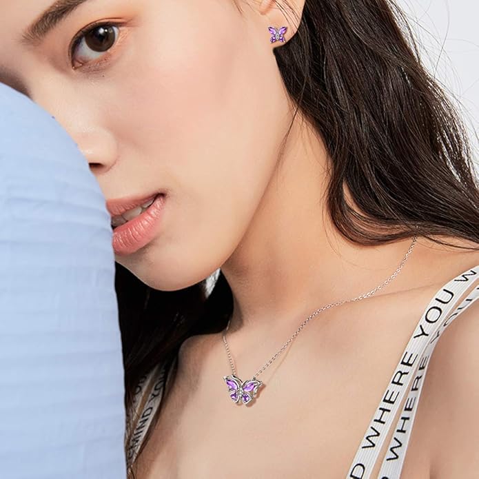 925 Sterling Silver Birthstone Butterfly Jewelry Women Crystal Animal Cute Butterflies Birthday Necklace/Earring/Ring/Bracelet Sets Birth Stone Statement Anniversary Jewellery