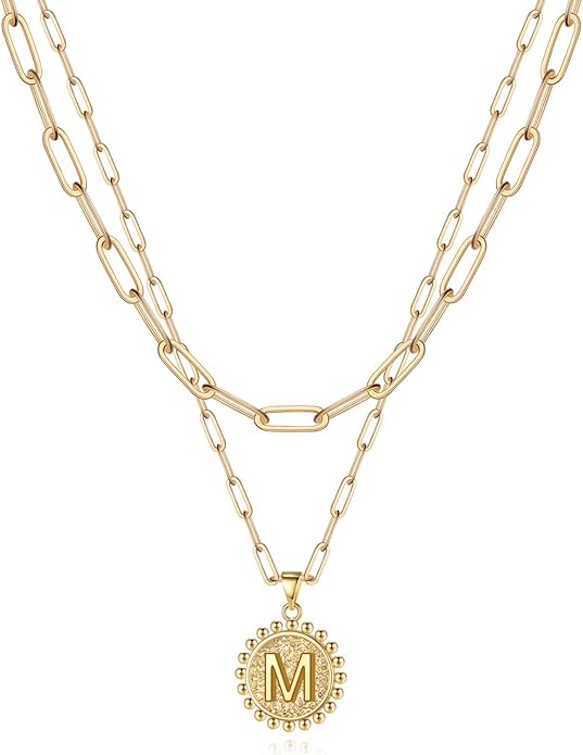 Yoosteel Valentines Gifts for Women Her - Gold Layered Initial Necklaces for Women 14K Gold Plated Dainty Layering Paperclip Link Chain Necklace Coin Initial Necklace Birthday Gifts for Teen Girls