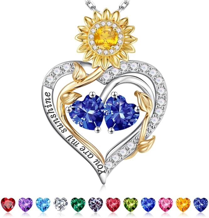 Iefil Valentines Day Gifts for Her - 925 Sterling Silver Sunflower Double Birthstone Necklace for Women, Anniversary Birthday Gifts for Wife, You Are My Sunshine Necklaces, Jewelry for Wife Mom