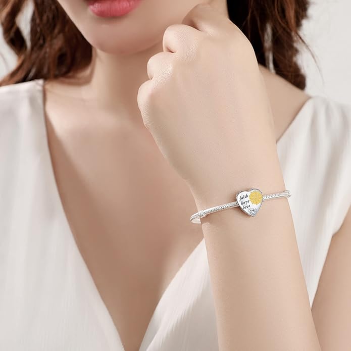 925 Sterling Silver Sunflower Charms Fit Pandora Charms Bracelet Forever In My Heart Fit Wife Mother's Day Christmas Birthday Gift